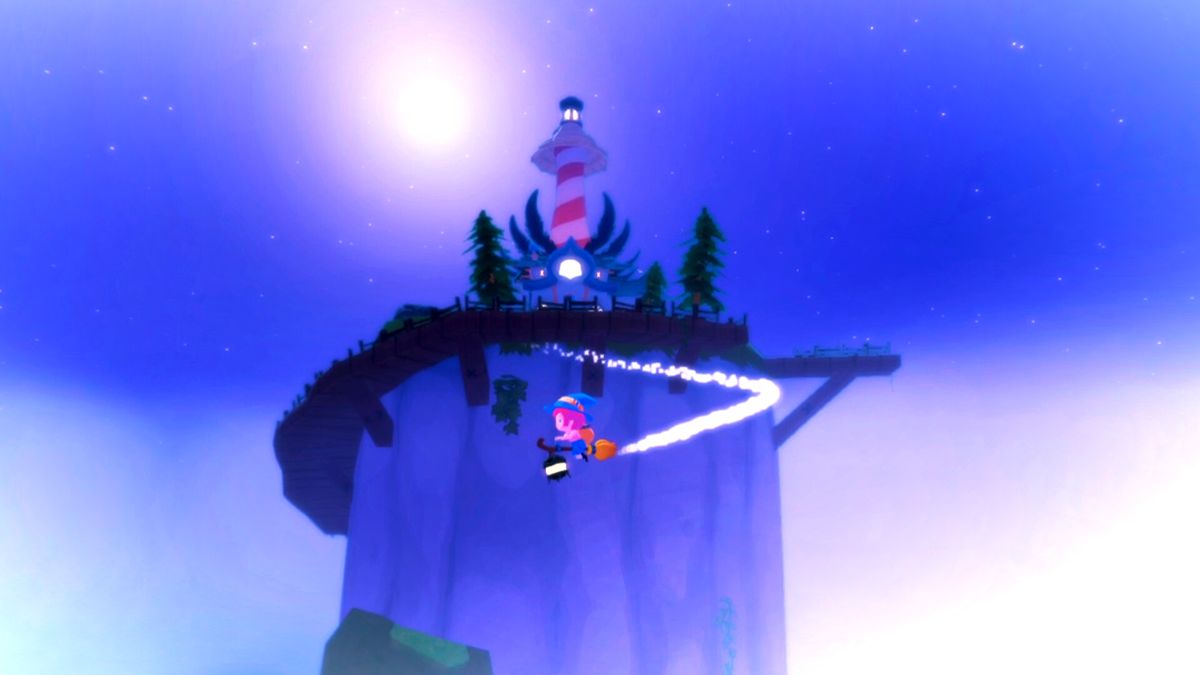 Mika and The Witch&#039;s Mountain screenshot showing a lighthouse atop an island mountain and a young girl flying atop a broom before it