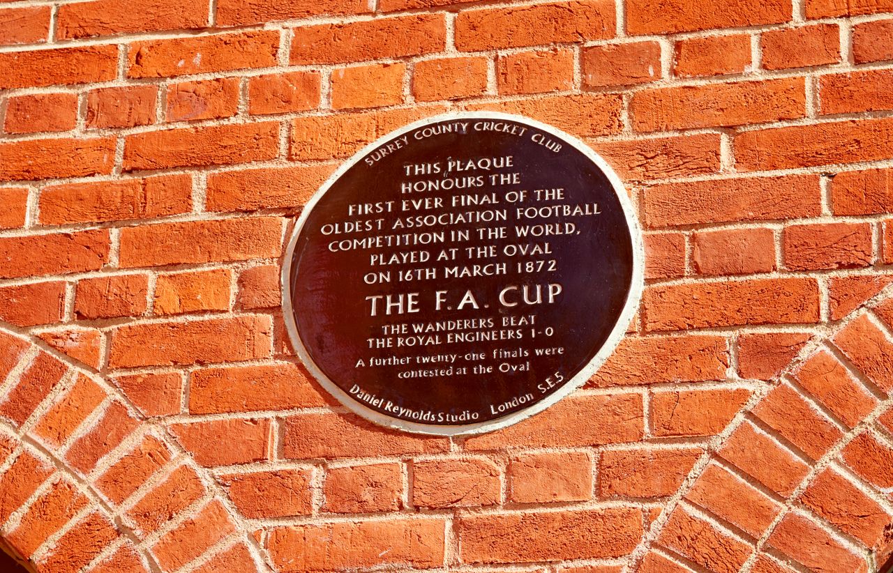 A plaque at the Oval commemorating the first-ever FA Cup final in 1872, which saw the Wanderers beat the Royal Engineers 1-0