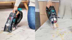 A white woman wearing blue denim jeans using the Bissell Pet Stain Eraser Duo portable carpet cleaner on light carpet and marble effect kitchen worktop