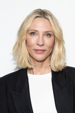 Cate Blanchett is pictured with a tousled layered bob whilst visiting the SiriusXM Studios on August 05, 2024 in New York City.