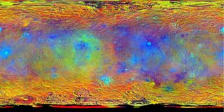NASA's Dawn spacecraft obtained images for this map-projected view of Ceres during its high-altitude mapping orbit, in August and September 2015.