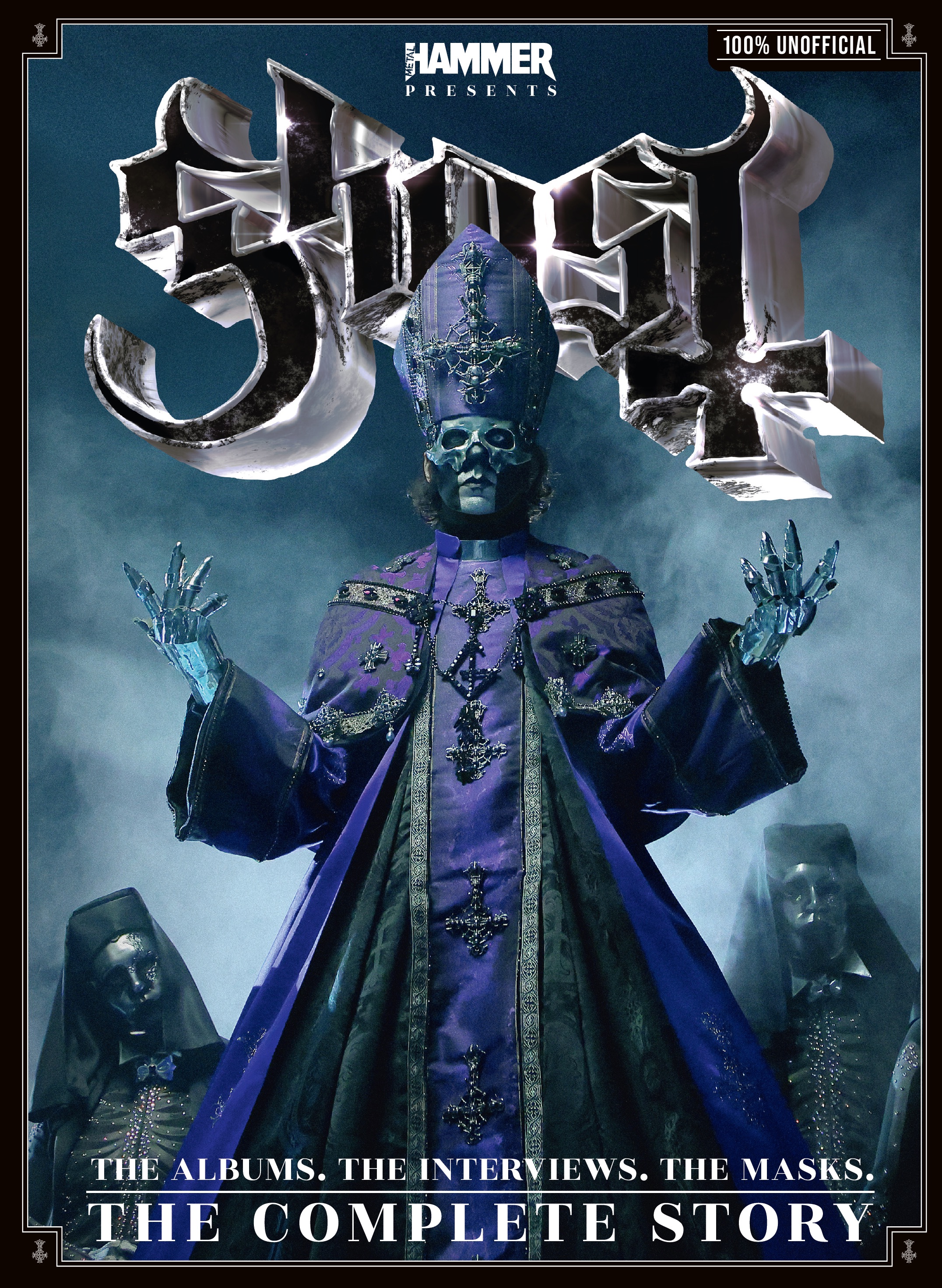 Ghost frontman Papa V Perpetua standing in front of the band&#039;s logo