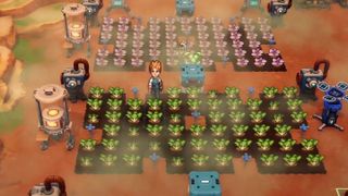 One Lonely Outpost- a player walks through a field of vegetables on a desert planet surrounded by machines