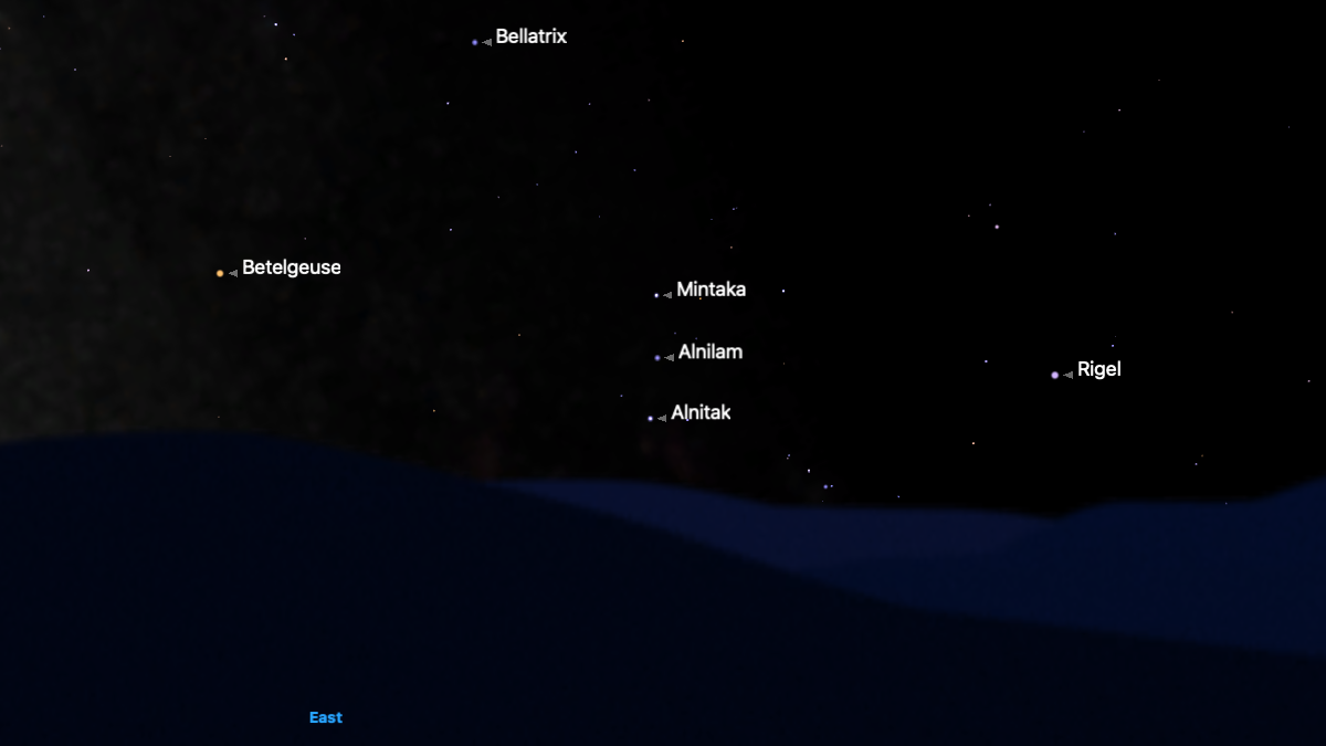 Star map show the Orion constellation stars: Betelgeuse, Rigel, Bellatrix with Alnitak, Alnilam, and Mintaka making up &amp;quot;Orion's Belt&amp;quot;.