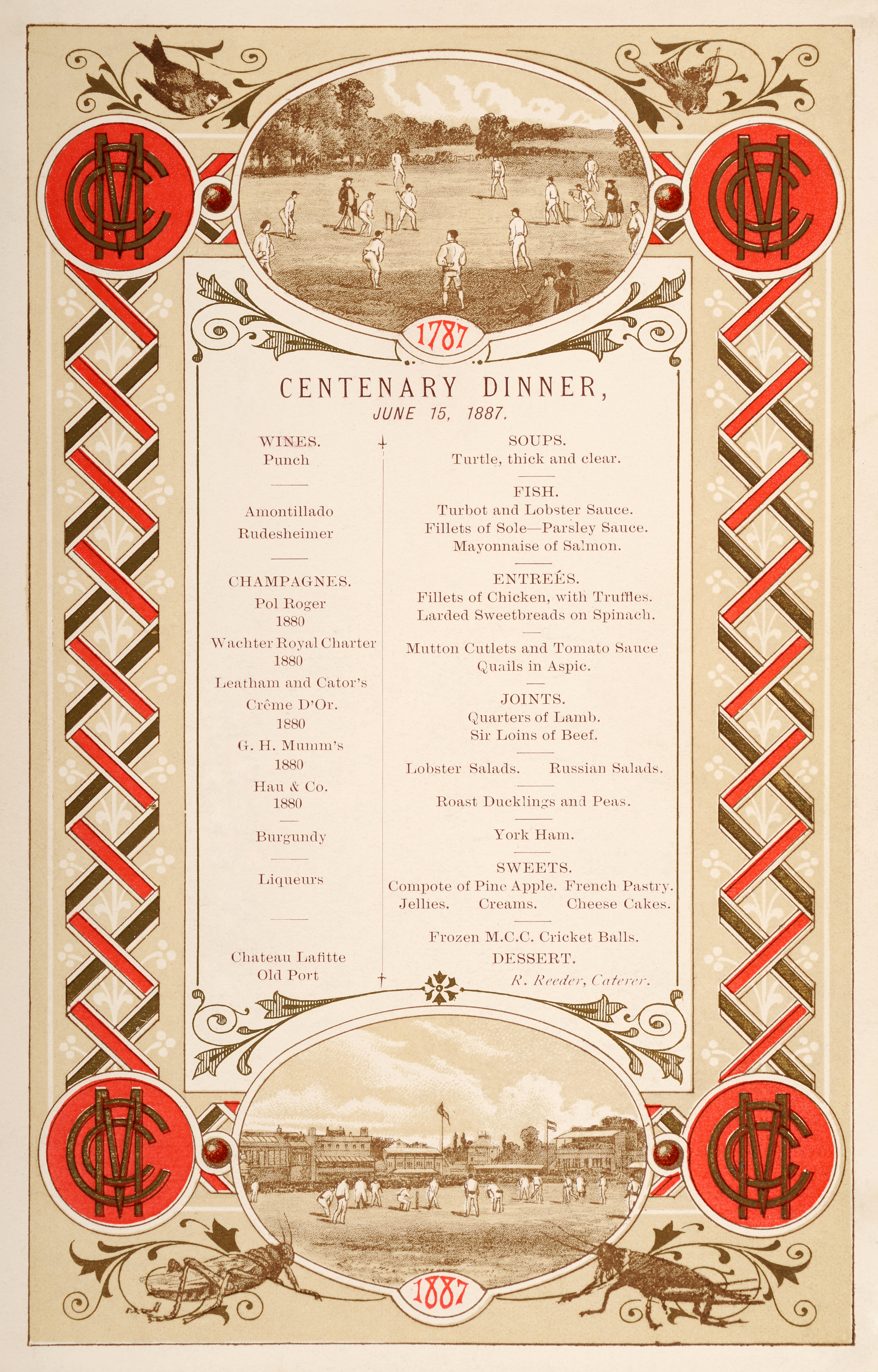 An original dinner menu from the MCC Centenary celebrations at Lord's cricket ground in St John's Wood, London, on 15th June 1887