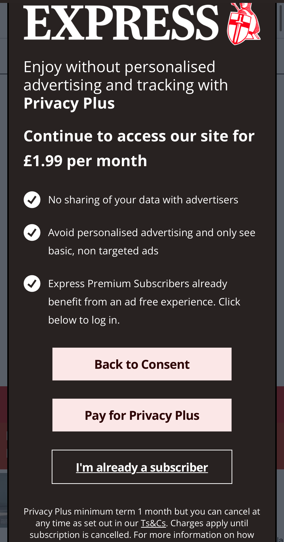 Screenshot of privacy paywall on The Daily Express website, as of August 16, 2024.