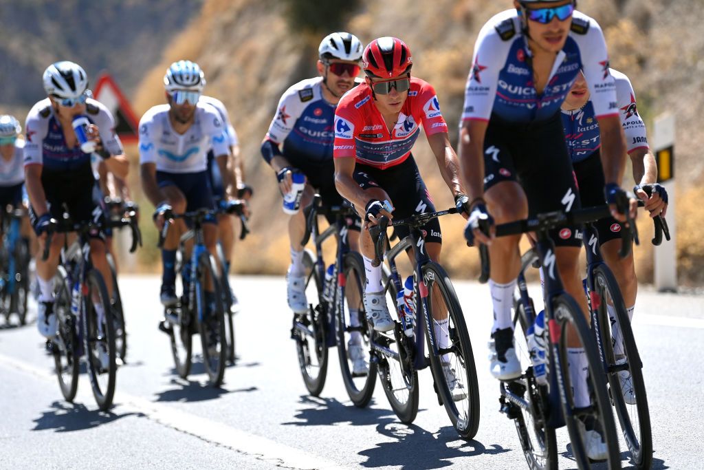 MONTILLA SPAIN SEPTEMBER 02 Remco Evenepoel of Belgium and Team QuickStep Alpha Vinyl Red Leader Jersey competes during the 77th Tour of Spain 2022 Stage 13 a 1684km stage from Ronda to Montilla 315m LaVuelta22 WorldTour on September 02 2022 in Montilla Spain Photo by Justin SetterfieldGetty Images