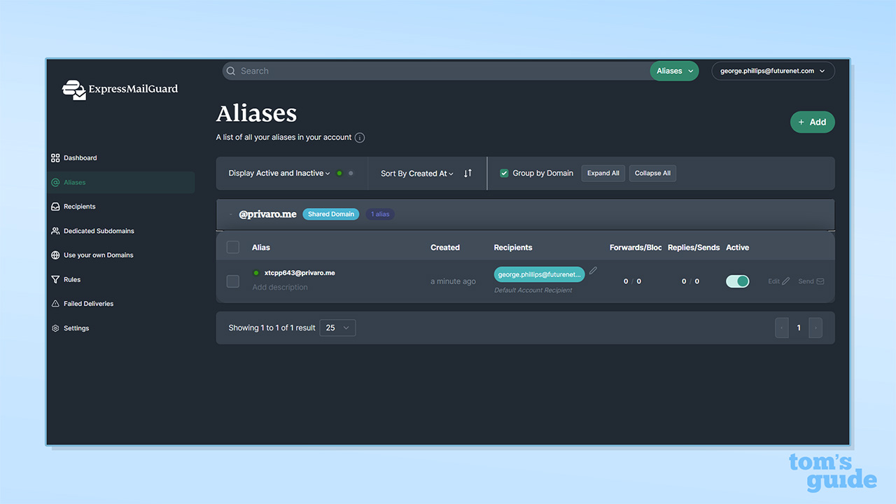 ExpressMailGuard aliases dashboard screenshot