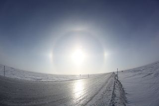 Sundogs, or parahelia, are bright spots in the sky caused by the refraction of sunlight off tiny ice crystals in the atmosphere. Above the Trans-Alaska Pipeline in midwinter, sundogs meld into a halo around the sun.