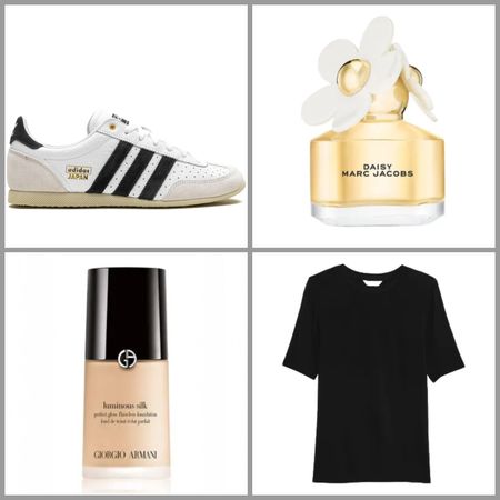 photo collage of Banana Republic Luxe Wool-Blend Elbow-Sleeve Top, Armani Giorgio Armani Luminous Silk Perfect Glow Flawless Oil-Free Foundation, adidas, Japan "cloud White/black" Sneakers, Marc Jacobs Daisy Eau De Toilette Spray on white background with grey border