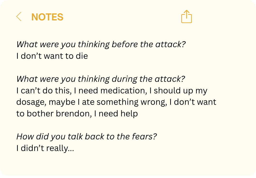 Notes app graphic from a &amp;ldquo;Panic diary&amp;rdquo; reading, &amp;ldquo;I don&amp;rsquo;t want to die,&amp;rdquo; followed by, &amp;ldquo;I can&amp;rsquo;t do this, I need medication&amp;hellip; I need help,&amp;rdquo; and, &amp;ldquo;I didn&amp;rsquo;t really&amp;hellip;&amp;rdquo;