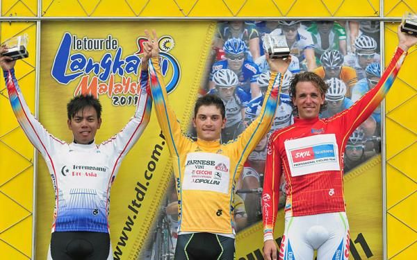 Stage 2 jersey holders (l-r): Anuar Manan, best Asian rider; Andrea Guardini, race leader; Koen de Kort, mountains leader