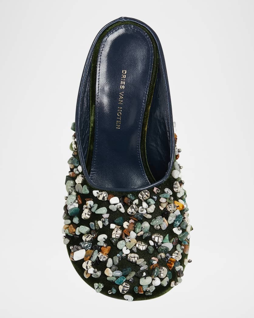 Dries Van Noten, Gemstone Embellished Velvet Wedge Mules