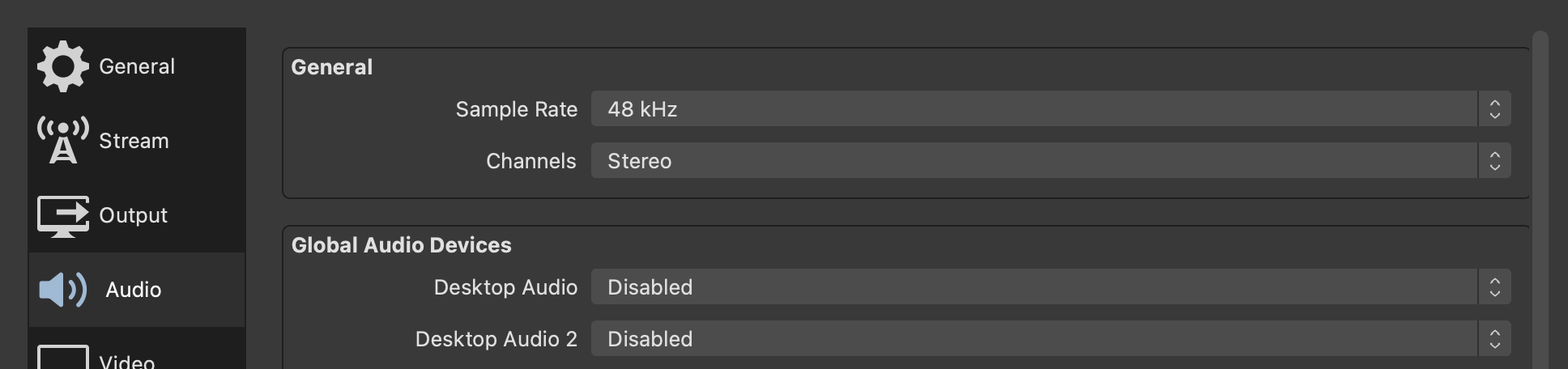 OBS preferences showing that Desktop Audio is disabled on Macs.