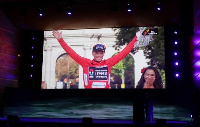Video of 2013 Vuelta a Espa&ntilde;a champion Chris Horner on screen at the presentation of the 2014 Vuelta route