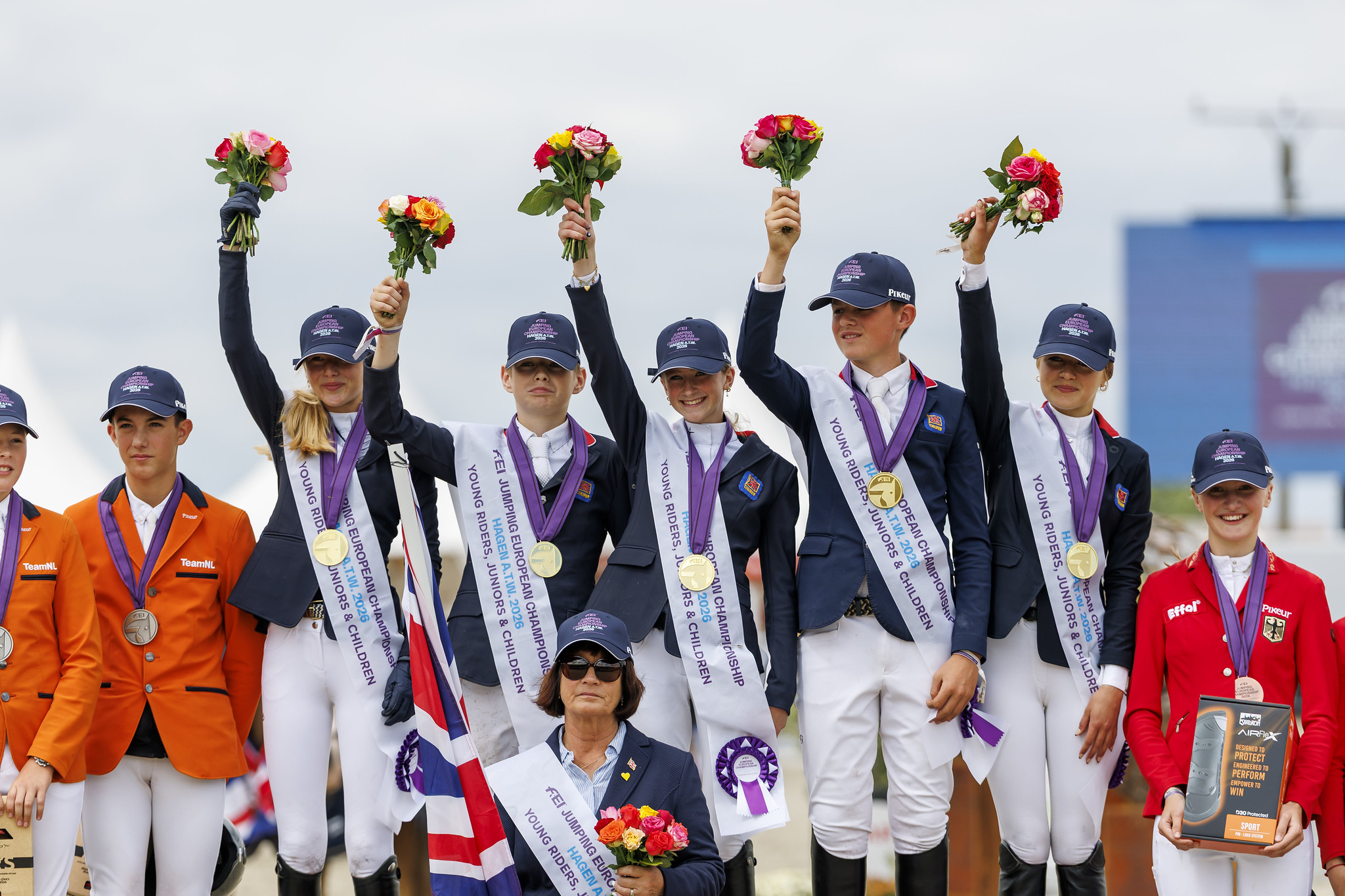 Great Britain's gold medal-winning team at the Children's European Showjumping Championships in Hagen, Germany.