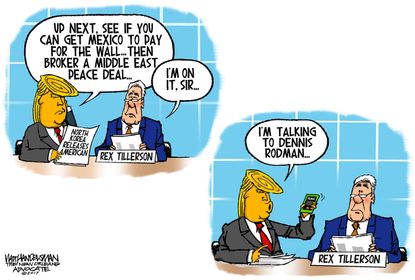 Political cartoon U.S. Trump Rex Tillerson Dennis Rodman foreign affairs