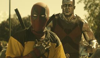 Deadpool looks shocked, as Colossus stands by in Deadpool 2.