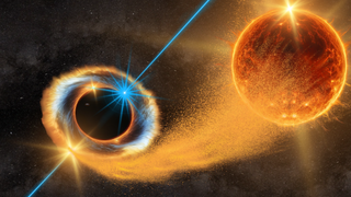 An illustration of a stellar-mass black hole slowly devouring a star in a microquasar system