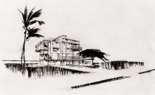 A drawing of building and trees
