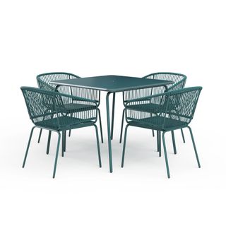 A teal garden table and set of four chairs