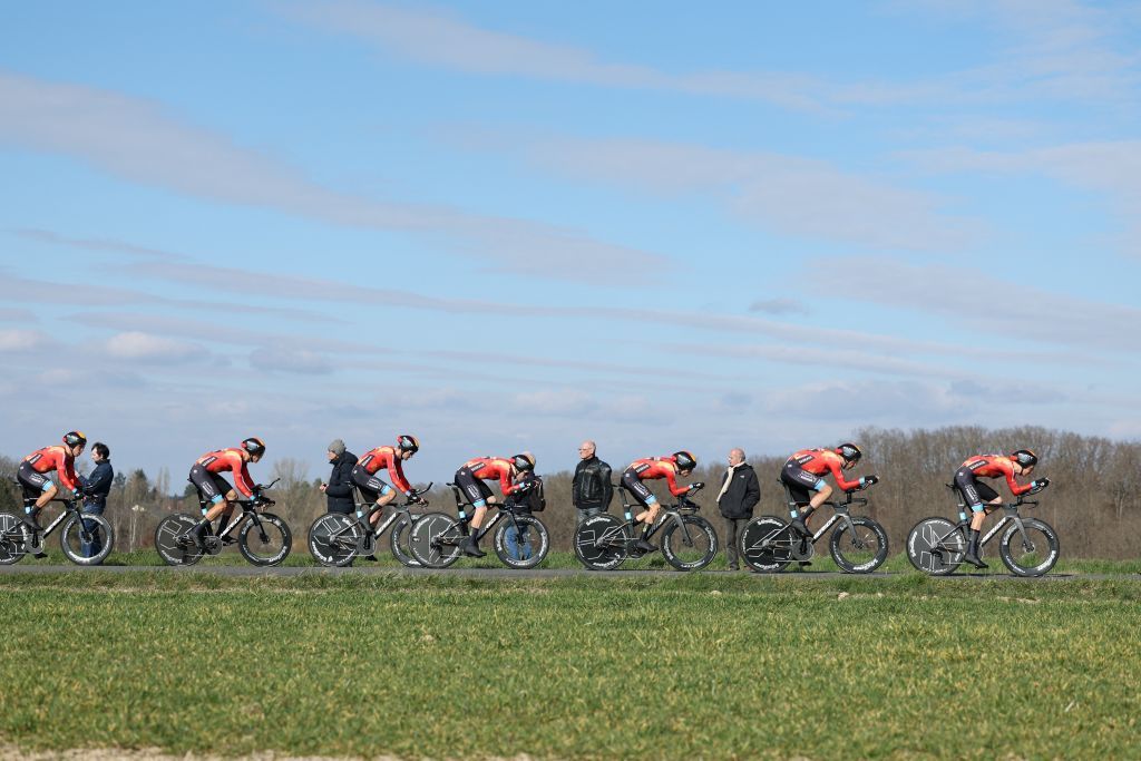 Bahrain Victorious riders pictured in action during the third stage of the 81st edition of the ParisNice eight days cycling race a 322 km team time trial with start and finish in DampierreenBurly France Tuesday 07 March 2023BELGA PHOTO DAVID PINTENS Photo by DAVID PINTENS BELGA MAG Belga via AFP Photo by DAVID PINTENSBELGA MAGAFP via Getty Images