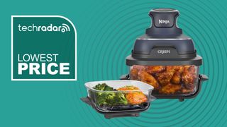 Ninja Crispi air fryer on teal background with white text reading 'TechRadar Lowest Price'