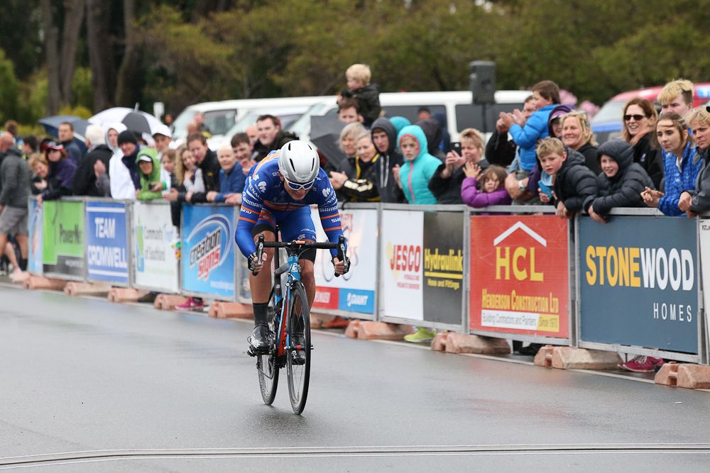Tom Davison of Christchurch finishes first in stage 7 of the Tour of Southland