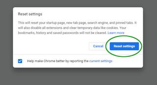 تم تمييز زر "إعادة تعيين الإعدادات" في نافذة منبثقة لتأكيد Google Chrome.