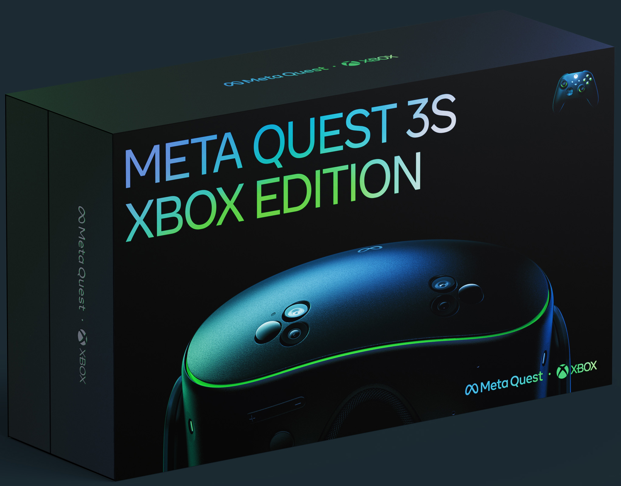 An official product render of the Meta Quest 3S Xbox Edition box