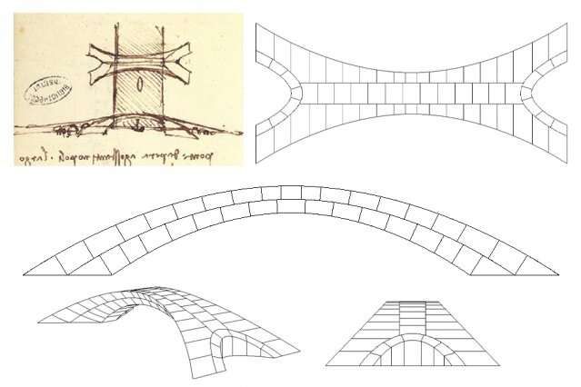 Leonardo Da Vinci&#039;s original drawing of the bridge included a sailboat passing underneath it. Next to the original drawing, are models created by graduate students Karly Bast and Michelle Xie at MIT that they later 3D-printed.