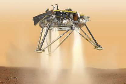 An illustration of InSight about to land on the surface of Mars.