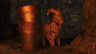 Edited in-game screenshot of a Goat of Warding in Resident Evil Village