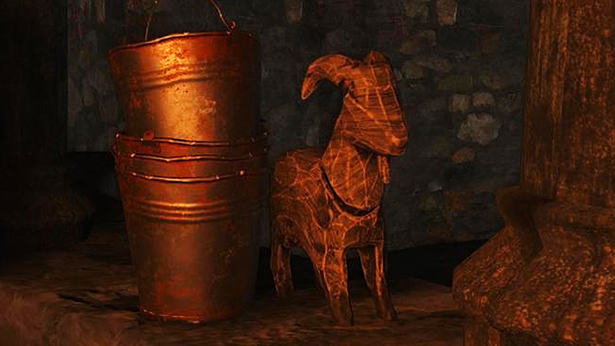 Edited in-game screenshot of a Goat of Warding in Resident Evil Village