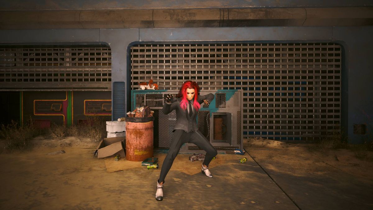 V in Cyberpunk 2077 Phantom Liberty striking a pose in front of Slider&#039;s stash location.