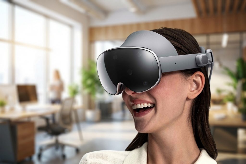 A smiling woman wears a grey mixed-reality headset with a glossy black front visor, captured in a bright, modern office setting.