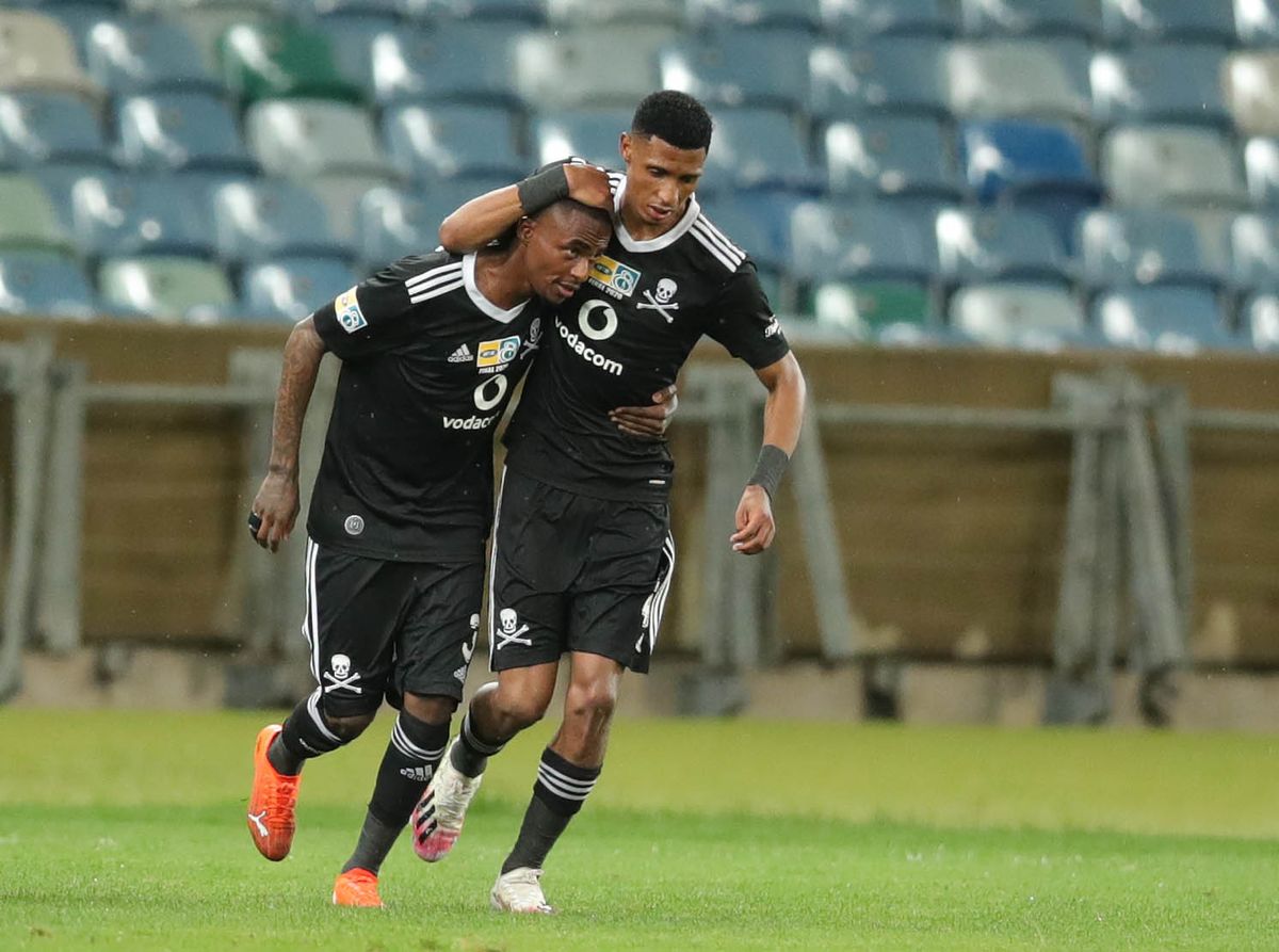 Thembinkosi Lorch celebrates his goal with Vincent Pule