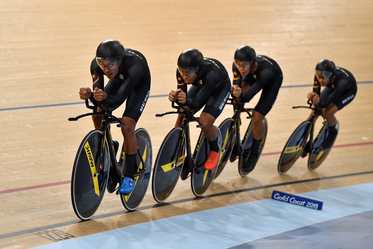 The Malaysian squad riding in the men's TP