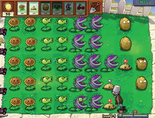 The original Plants vs. Zombies lawn defense setup from 2009