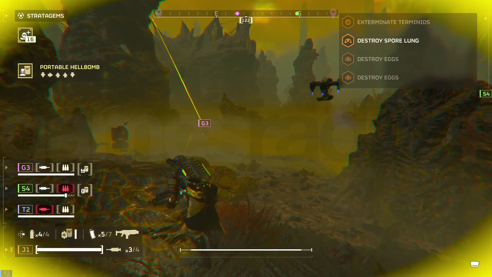 A player readies the chance to summon a Portable Hellbomb in the mission to destroy a Helldivers 2 Spore Lung