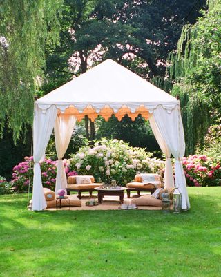 fabric cover on pergola on lawn