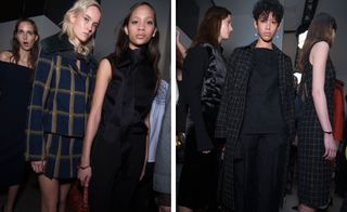 3 Models, checkered jacket, black dress, pinstripe coat with black outfit