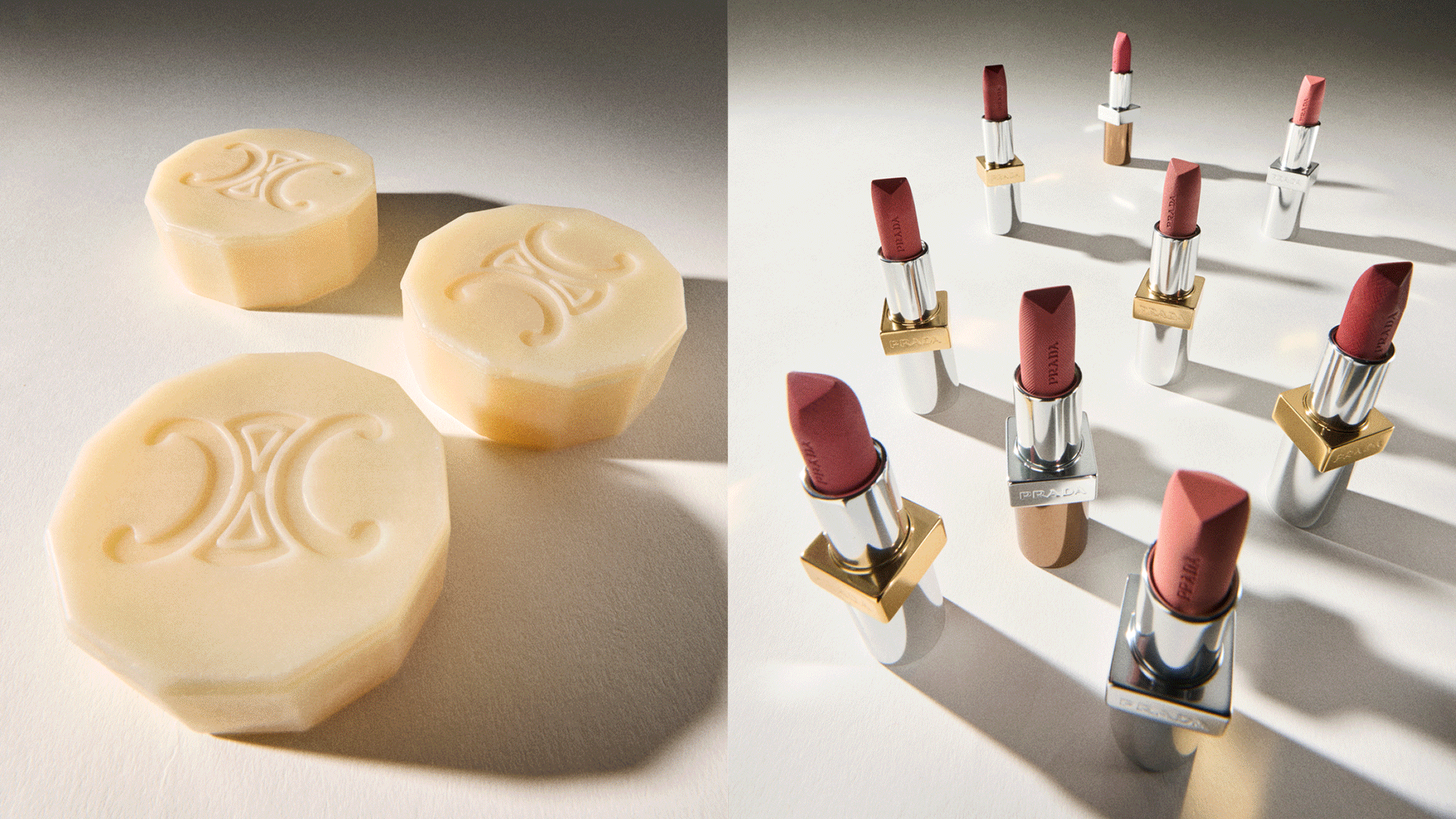 A gif of the most beautiful and luxurious beauty products, including Celine Perfumed Soaps, Oribe Hair Combs and 39BC Silk Veil Shower Oil, Prada Lipsticks