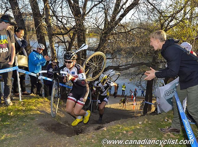 Michael van den Ham (Trek Red Truck) leading Geoff Kabush (Scott-3Rox)