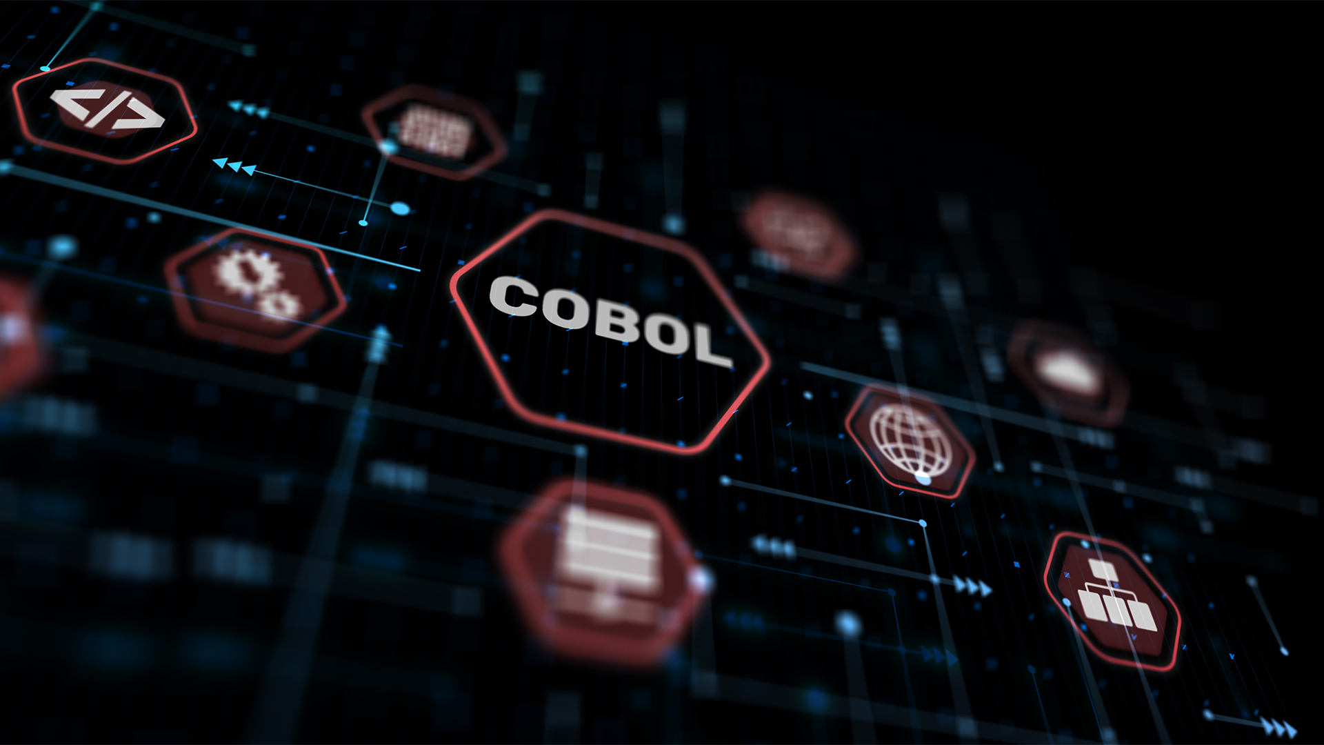 Mainframe modernization concept image showing COBOL symbol imposed over networking and database symbols.