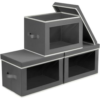 three grey storage boxes with windows