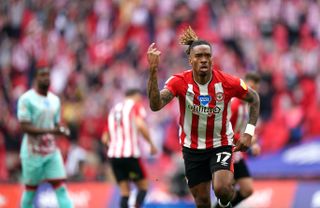 Brentford’s Ivan Toney celebrates scoring in the Sky Bet Championship playoff final at Wembley