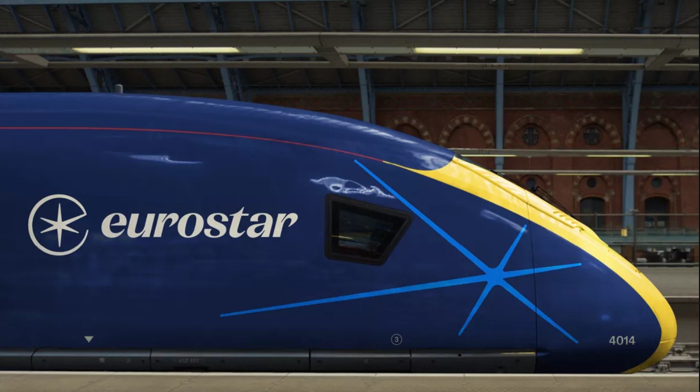 Train on platform with Eurostar logo on side