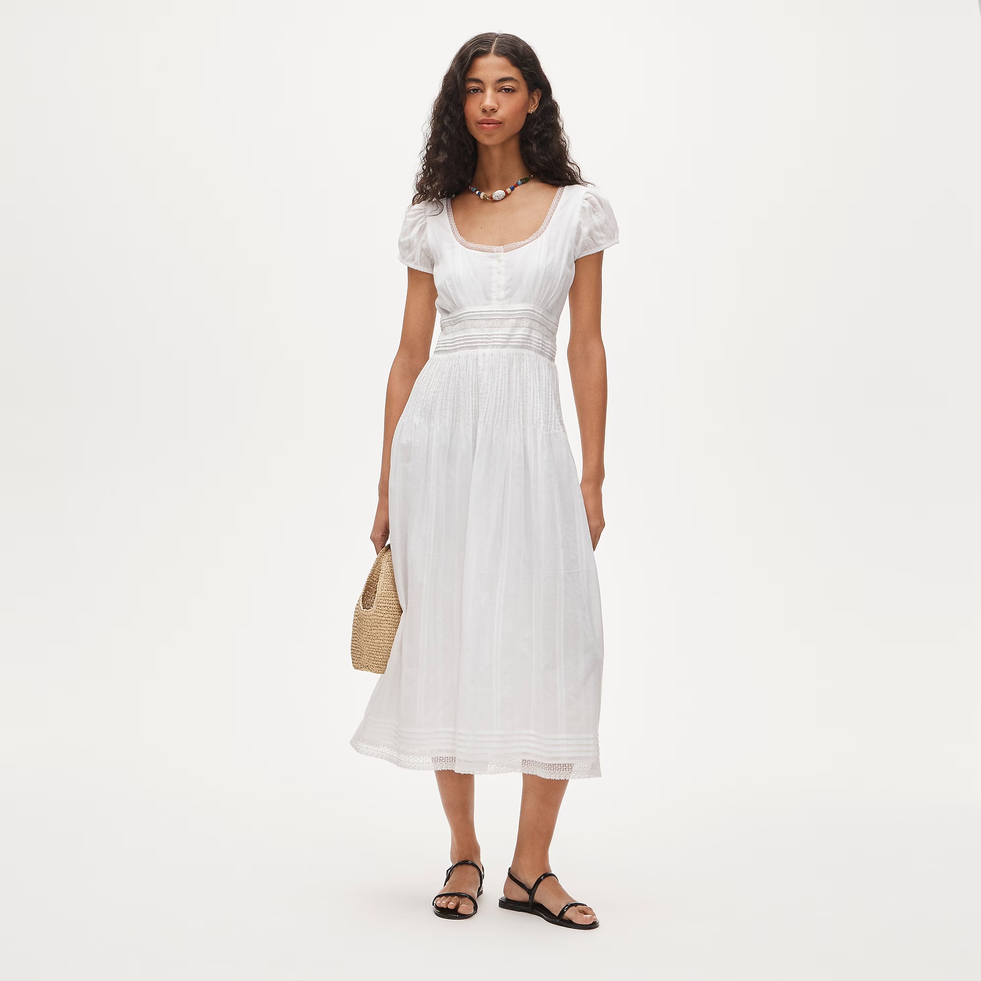J.Crew, Lace-Trim Pintuck Midi Dress in Cotton Dobby