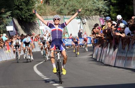 Olivier Le Gac (France) sprints to a win at the junior world championship road race.